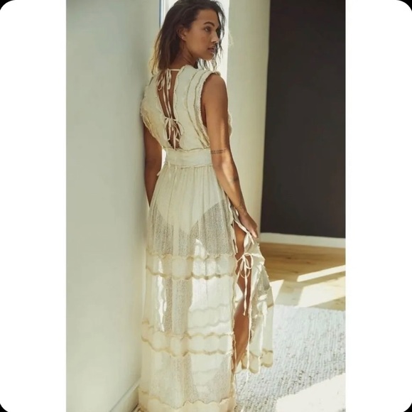 Free People Luna Lace Side Tie V Neck Bodysuit Maxi Spring or Summer Dress - Picture 2 of 5